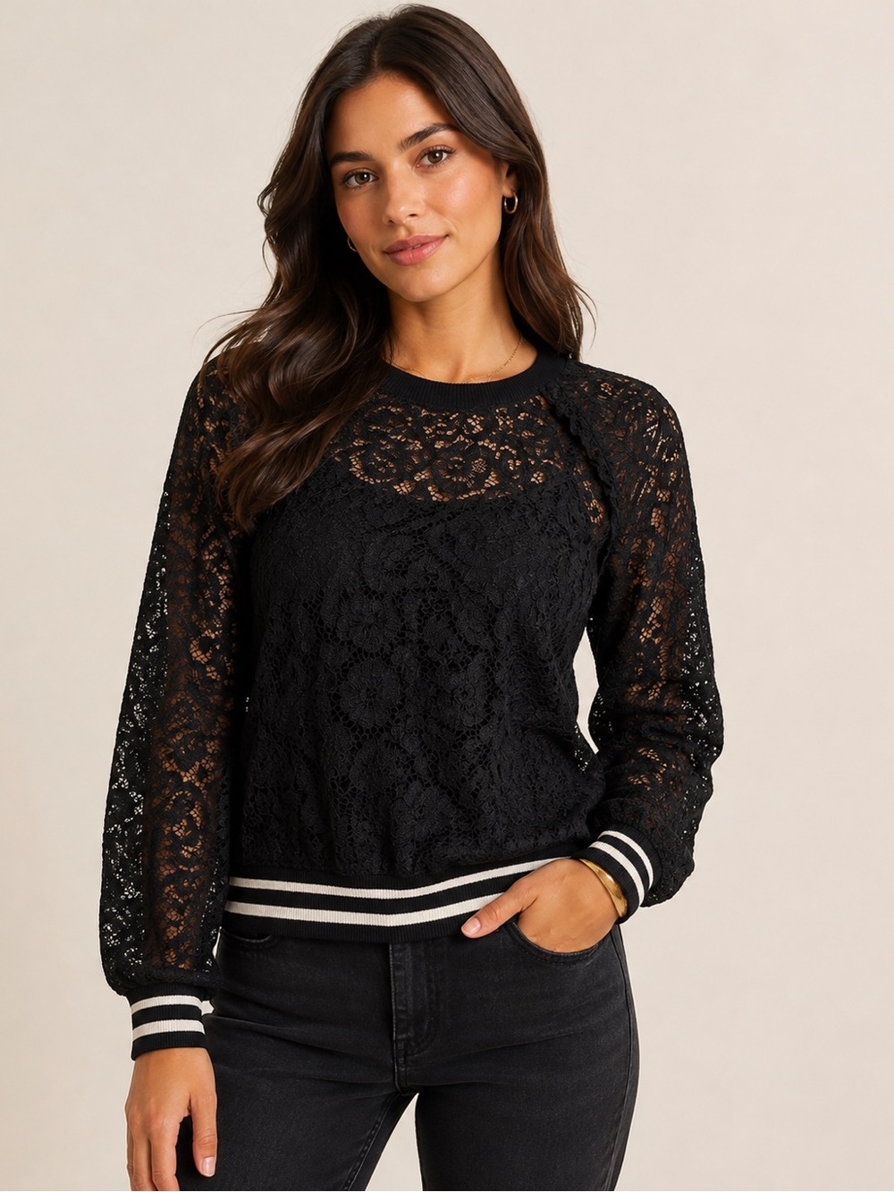 Express Black Lace Long-Sleeve Pullover Top